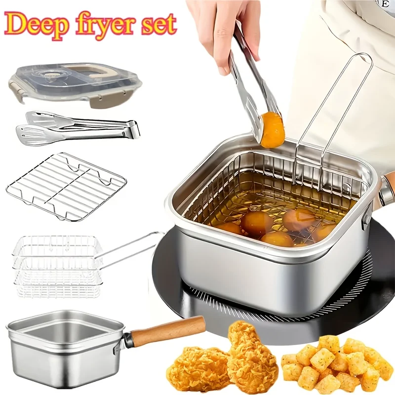 Kit de freidora profesional de acero inoxidable con cesta y filtro, freidora doméstica de gran capacidad para pollo y papas fritas, segura y fácil de limpiar