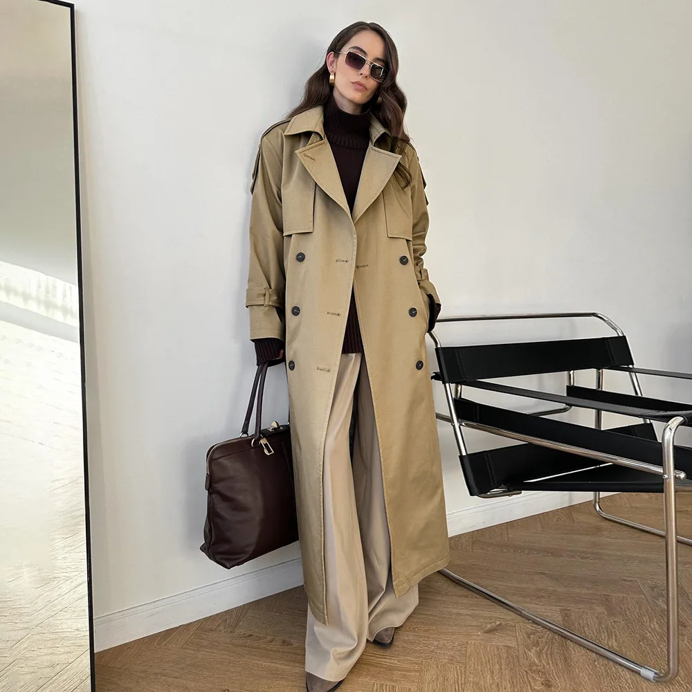 Women Long Trench Coat Autumn Winter Cotton Vintage Loose Tie Waist Windbreaker