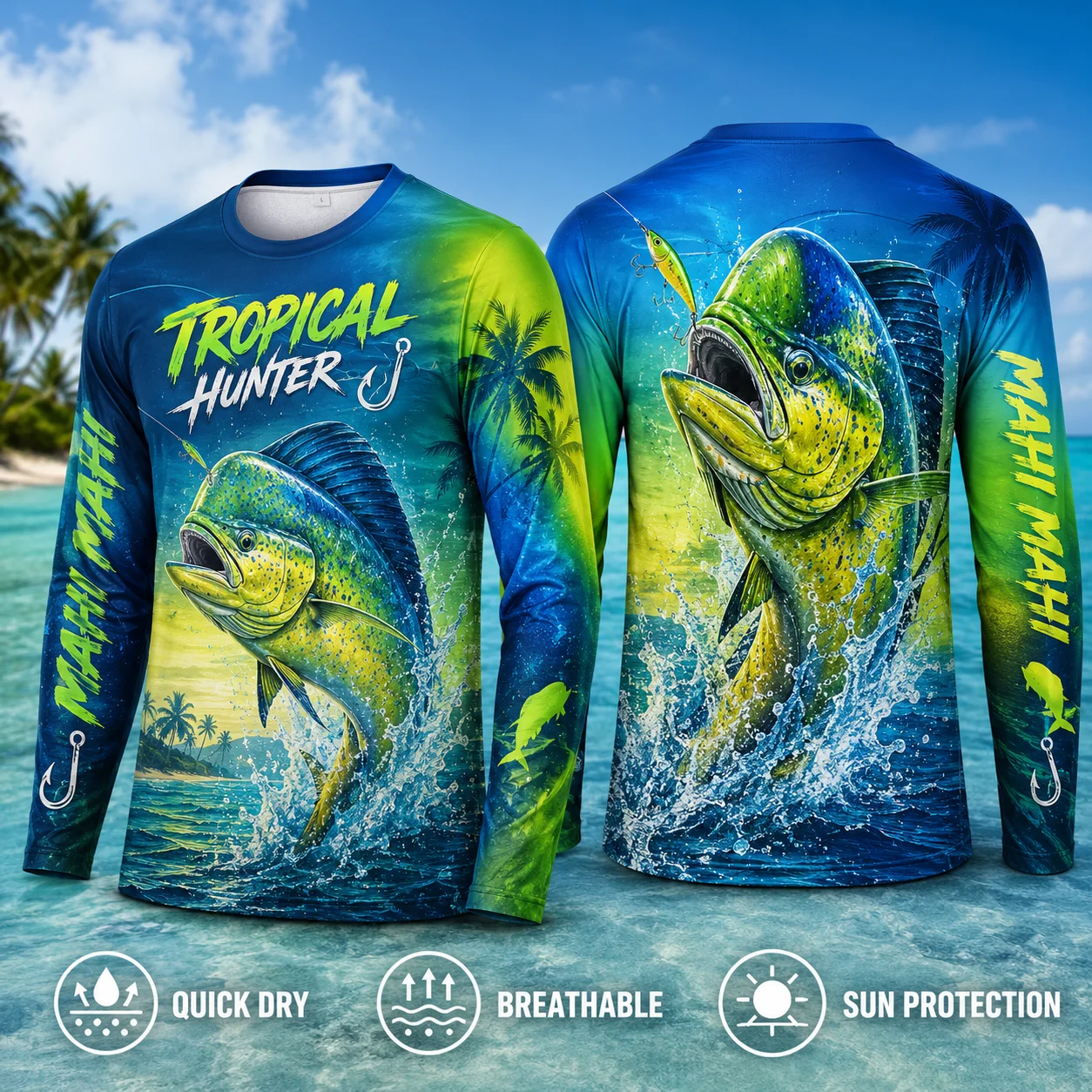 Mahi Mahi Fishing Shirt Men Ikan Belitung 3D Fish Print Long Sleeve Quick Dry UPF 50 UV Protection Fishing Jersey