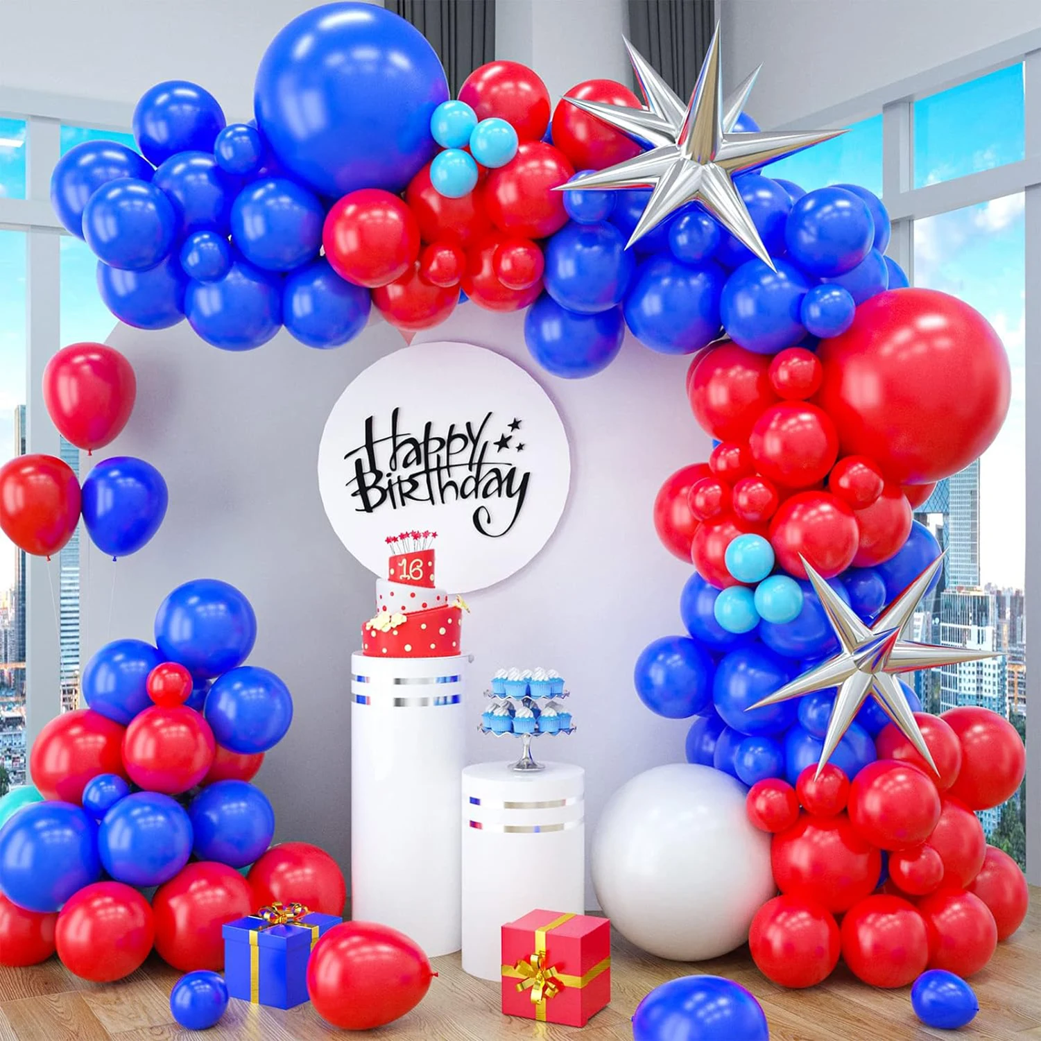 Red and blue balloon wreath set, Independence Day graduation ceremony July 4th baseball sailing party outfit