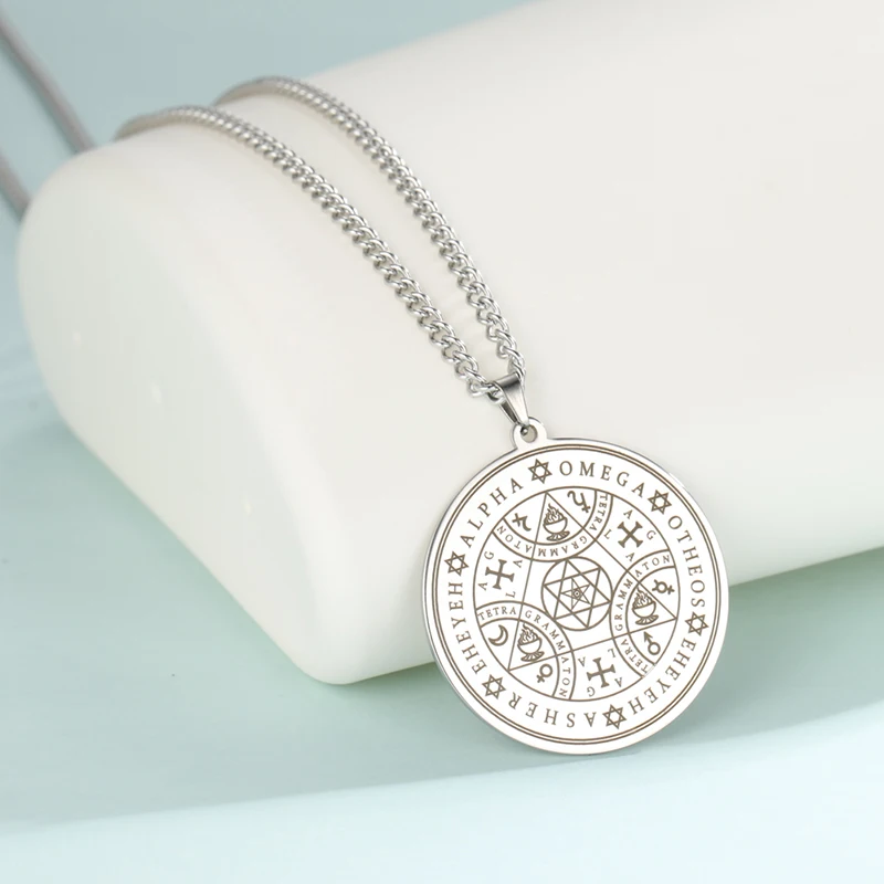 LIKGREAT Enochian Seal Magic Angel Pendant Necklace for Men Women Stainless Steel Archangel Medal Kabbalah Talisman Jewelry Gift