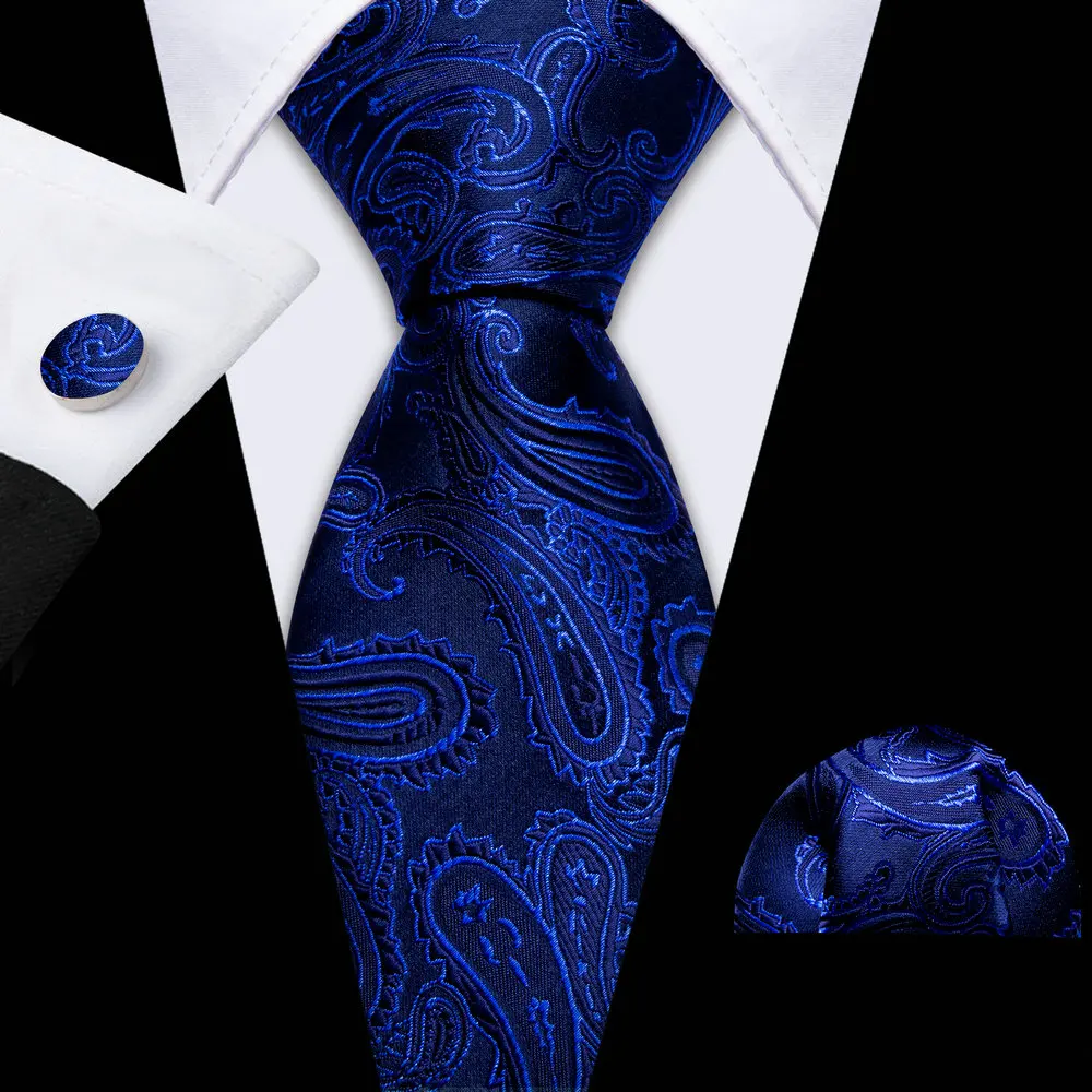 

Paisley Dark Blue Men Silk Tie With Pocket Square Cufflink Set Exquisiet Suit Necktie For Male Formal Designer Party Barry.Wang