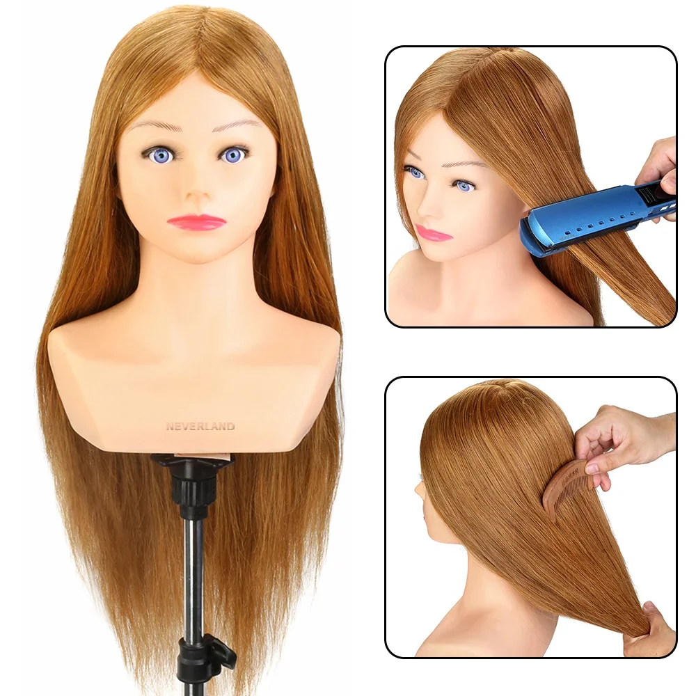 Mannequin Head 24'' 80% Real Hair with Shoulder Hairstyles Dummy Doll Hairdresser Practice Hair Braiding Training Head Kit Curl