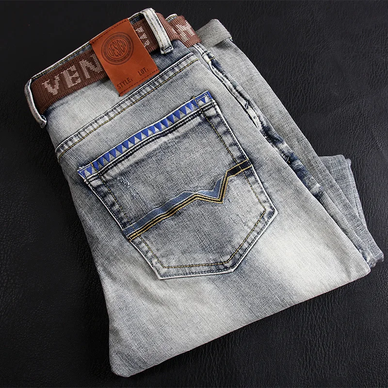 Newly Designer Fashion Men Jeans Retro Washed Blue Stretch Slim Fit Ripped Jeans Men Vintage Trousers Printed Denim Pants Hombre