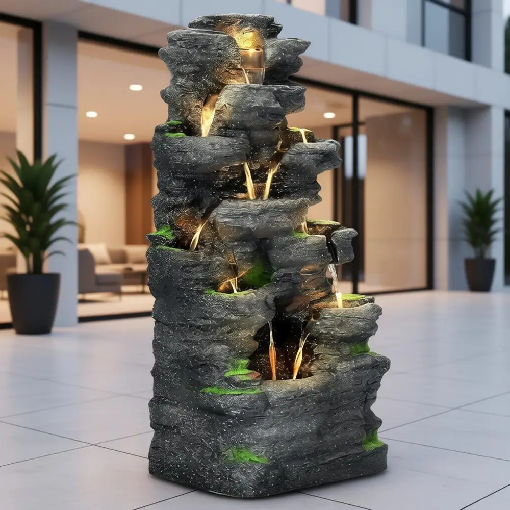 

40 Outdoor Tiered Rock Waterfall Fountain with LED Lights for Patio and Garden Decor