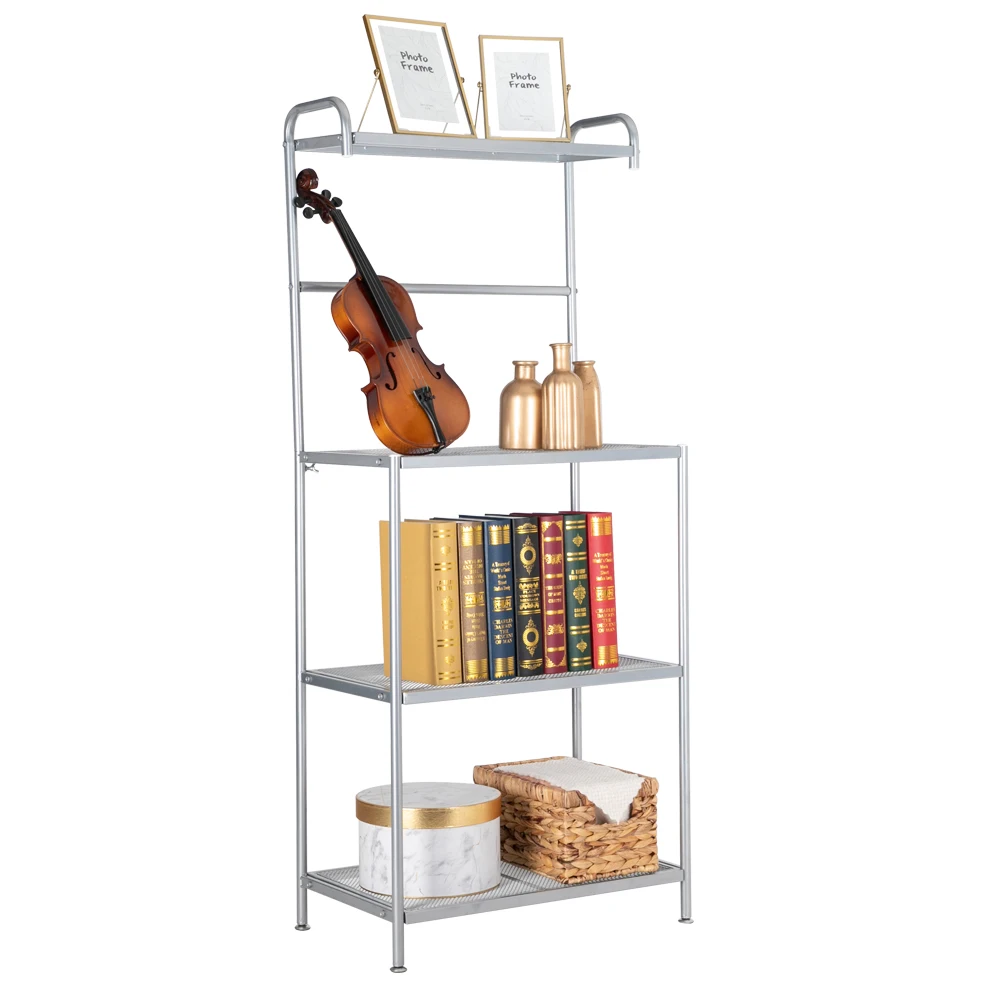 

4-Layer Wrought Iron Kitchen Shelf Storage Rack With Mesh Surface Adjustable Feet Microwave Oven Stand Silver Grey/White [US-W]