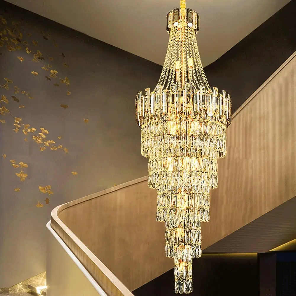 Luxury Large K9 Crystal Chandelier For Villa Staircase Duplex Building Living Room Ceiling Lamp Gold Rotating Chandeliers