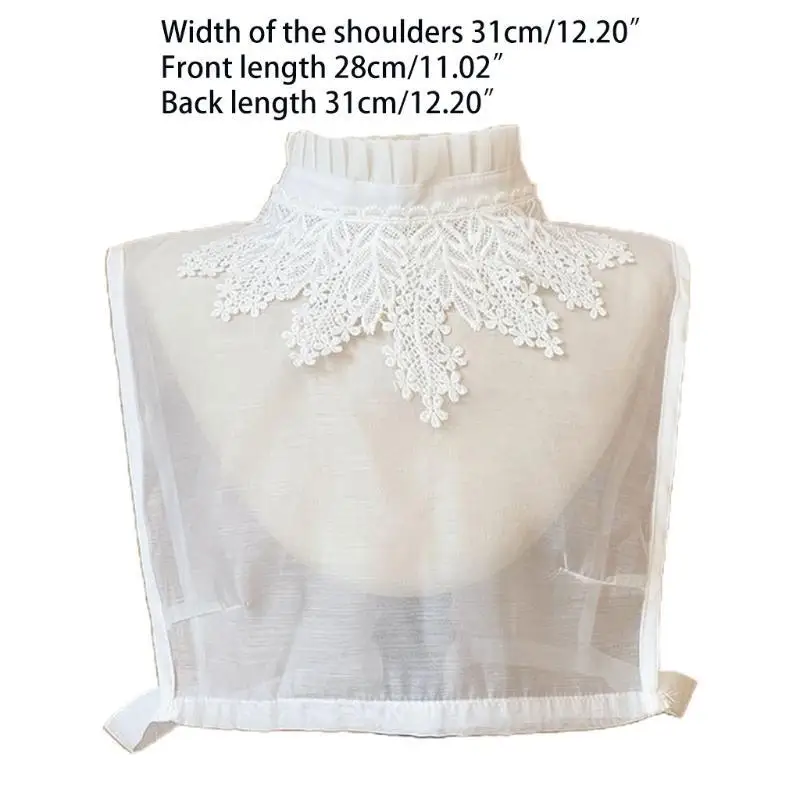 R1WE بلوزة نسائية أنيقة شفافة من الأورجانزا بياقة كاذبة قابلة للفصل مطرزة بأوراق دانتيل وحامل مكشكش نصف قميص ديكي