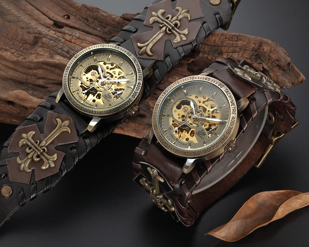 Shenhua gótico steampunk relógios masculinos esqueleto antigo relógio mecânico automático luminoso à prova dwaterproof água