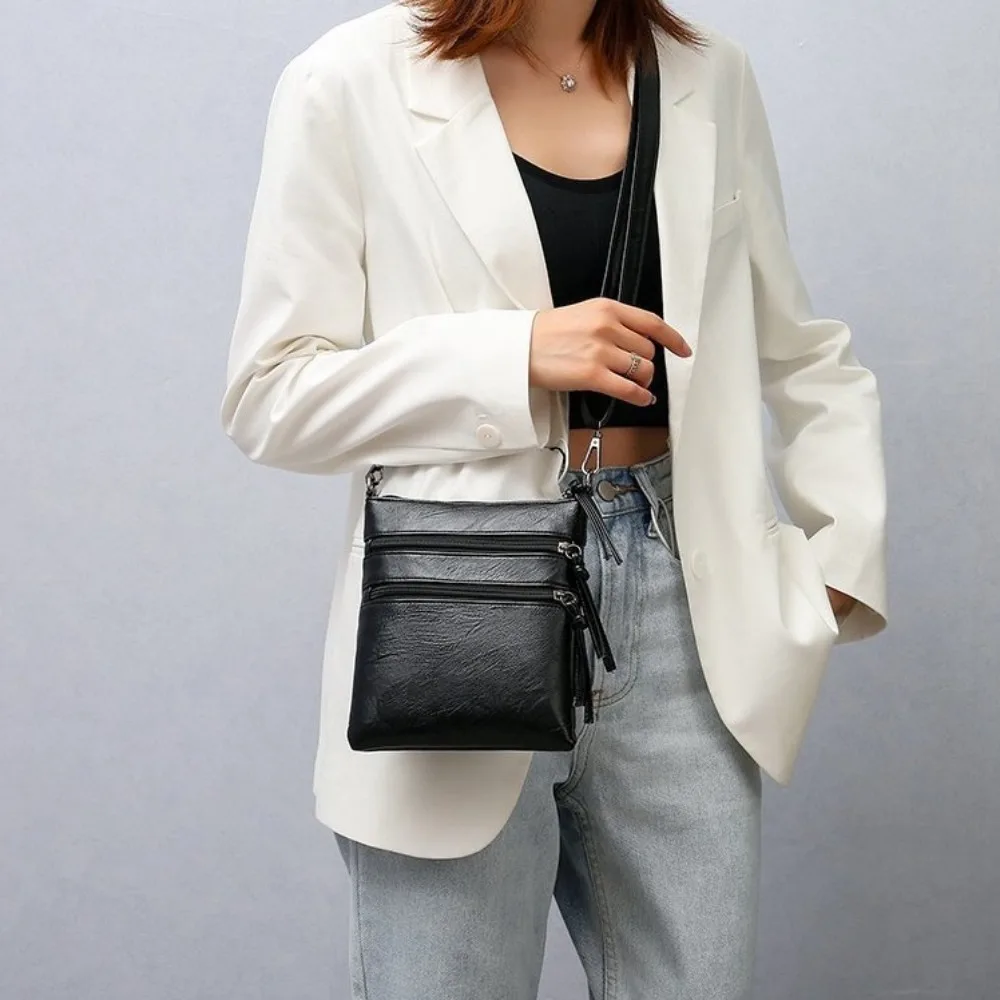 Bolsa para celular com zíper, couro macio, 3 camadas, bolsa de ombro único, grande capacidade, couro pu, bolsa mensageiro para mulheres, compras