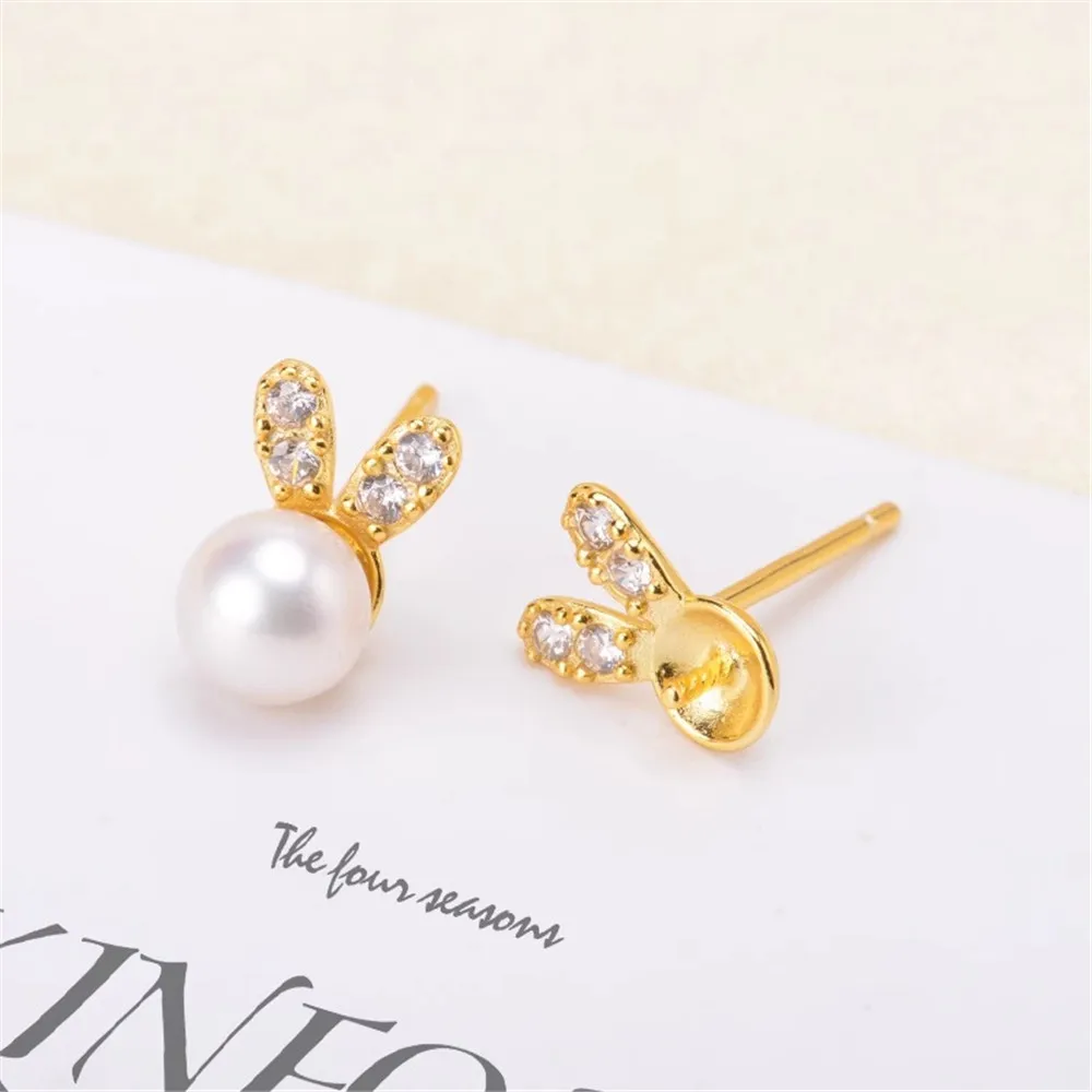 

DIY Pearl Accessories S925 Sterling Silver Natural Pearl Earrings with Hollow Rabbit Style Earrings Fit 5-6mm Round Beads E071