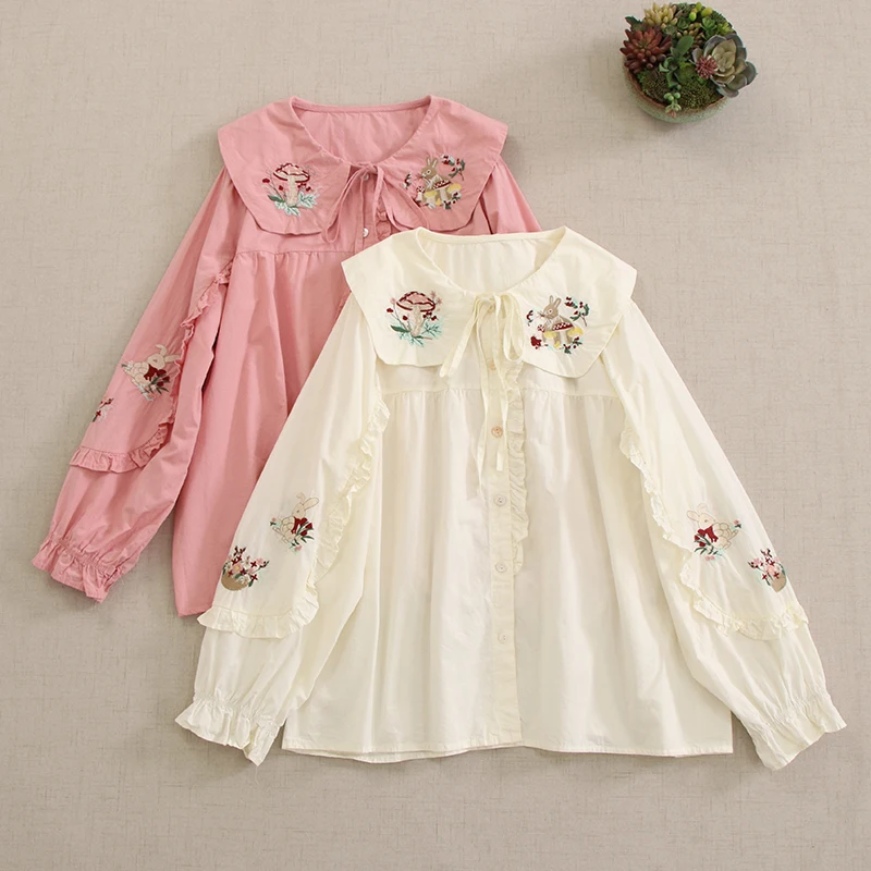 Sweet Mori Girl Kawaii Rabbit Flower Embroidery Cotton Shirts Women Spring New Japanese Peter Pan Collar Long Sleeve Casual Tops