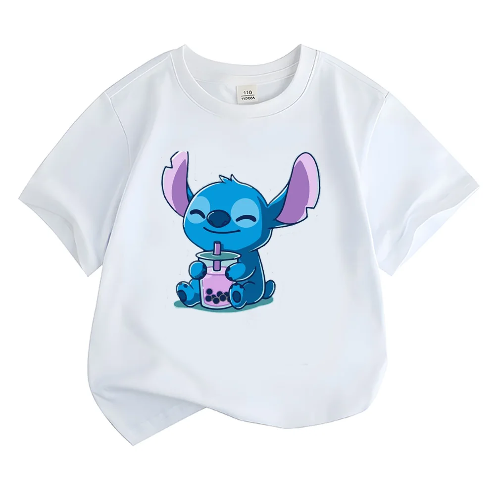 Summer Disney Kids Cotton Tshirt Stitch Drinking Boba Tea Cartoon Print Top Q Edition Children Tshirt Baby Fashion Casua Clothes