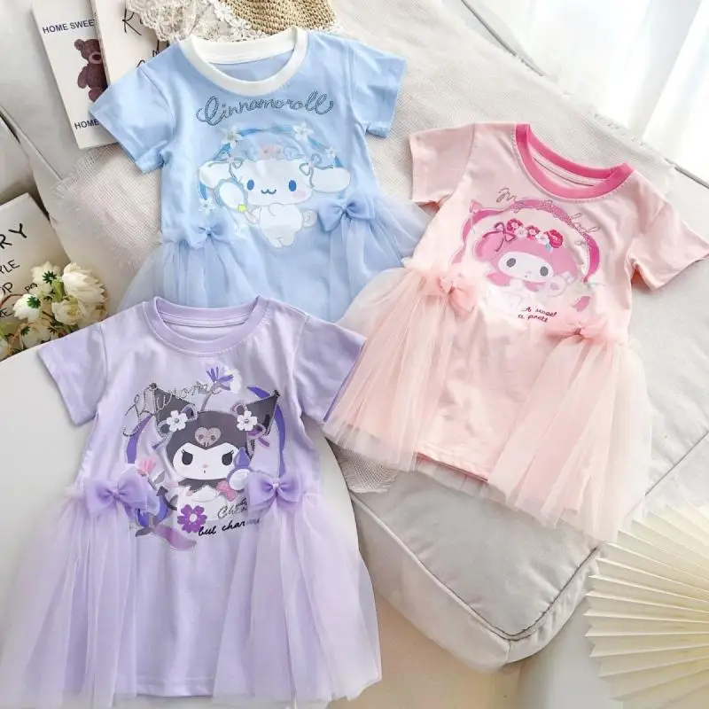 Anime Sanrios My Melody Short Sleeve Dress Kuromi Cinnamoroll Girls Princess Skirt Sweet Mesh Skirt Summer Child Clothes New