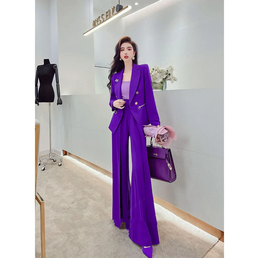 Women\'s Fashion Purple Color Blazer Set 2024 Spring Autumn Double Breasted Two Pieces Suits Elegant Ladies Blazer Coat +Trousers