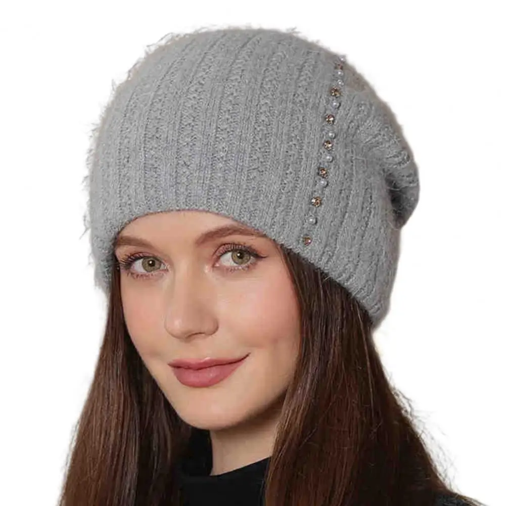 Winter Knit Hat Elegant Rhinestone Faux Pearl Decor Winter Hat for Women Warm Anti-slip Knit Cap for Outdoor Cycling Highly