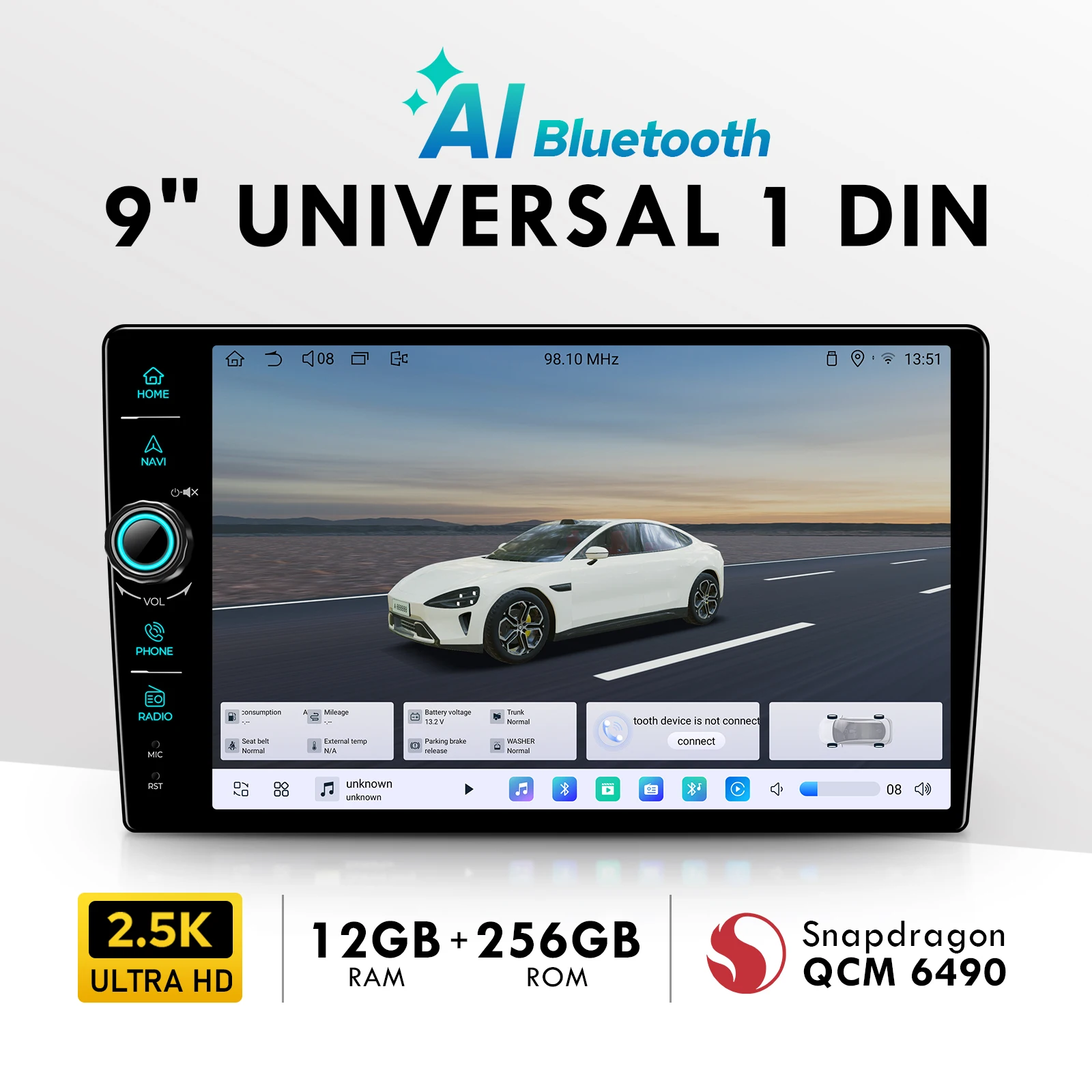 JOYING 9 Inch Touchscreen Car Audio System with Left Side Knob 2.5K 2560x1600 12GB 256GB Universal Carplay Head Unit Single Din