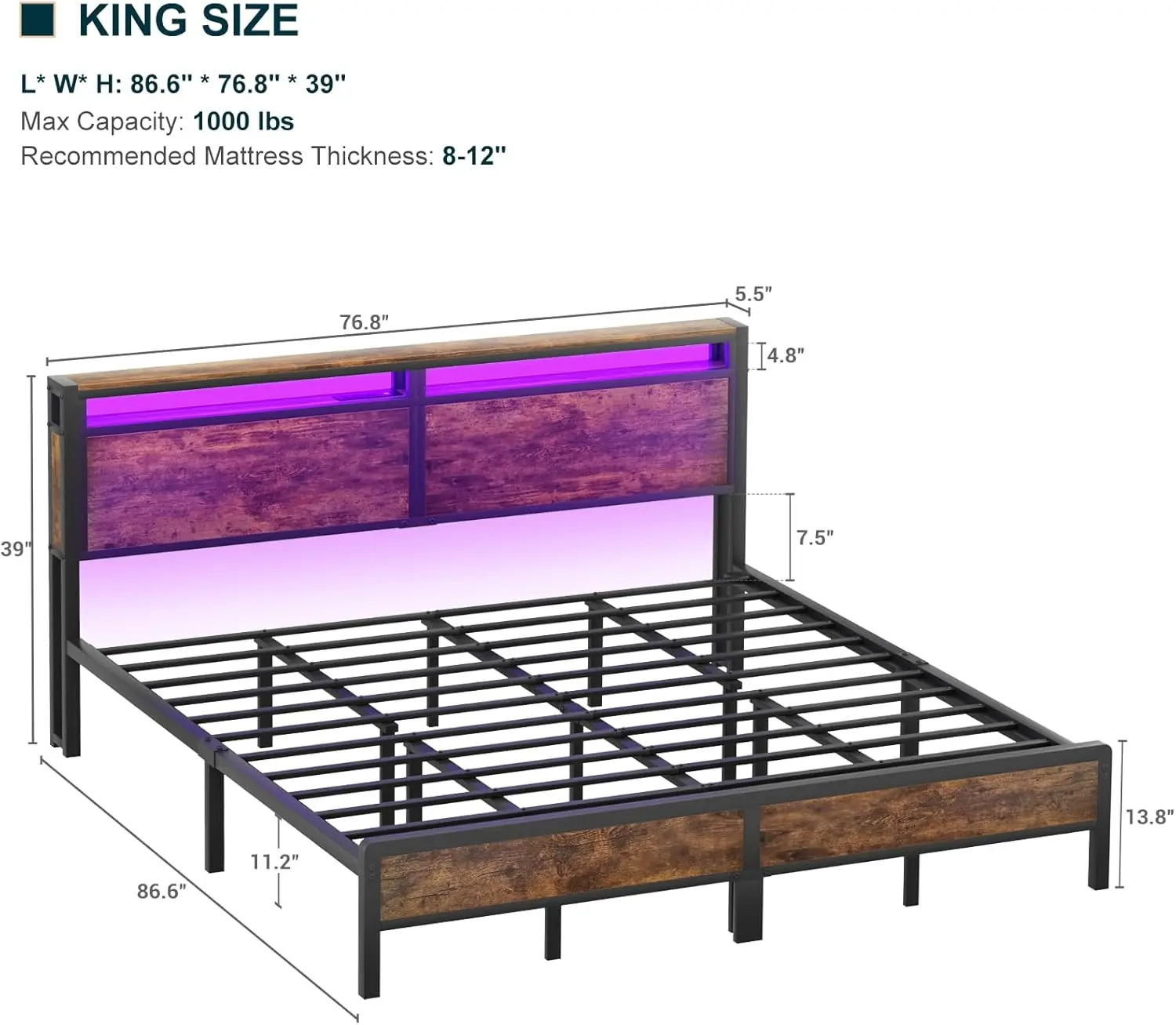 Kingsize bedframe met laadstation en led-verlichting, industrieel metalen platformbed met opberghoofdeinde, stalen latten S