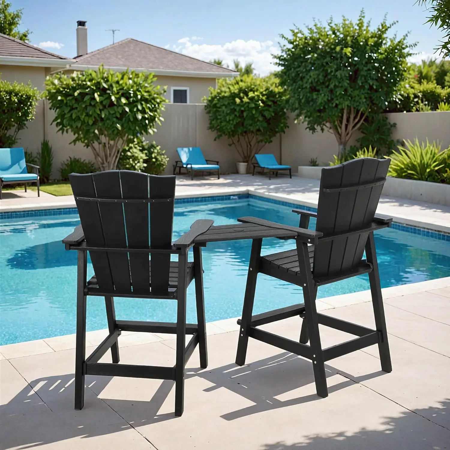 Tall Patio Chair Set of 2 with Connecting Tray & Umbrella Hole HDPE Outdoor Bar Stool for Deck Balcony Garden, Customized