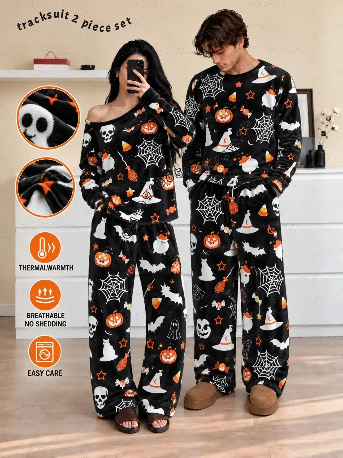 2026 Winter WOMEN Couple Pajamas Set  Flannel Halloween Pumpkin Ghost Bat Print Men's Home WOMEN MEN  Plush Sleepwear Pants Set