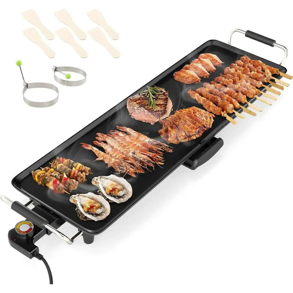 

24 Nonstick Teppanyaki Electric Griddle with Adjustable Heat, Insulated Handles, Drip Tray for Indoor/Outdoor Cooking