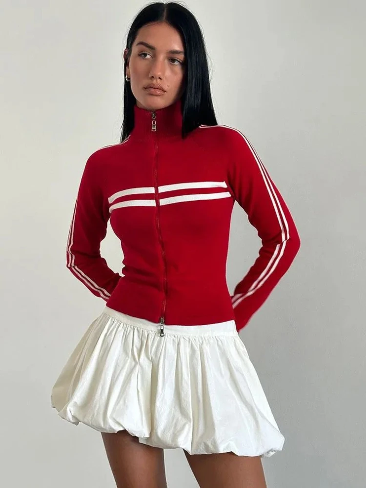 Giacca da allenamento lavorata a maglia da donna Cardigan con Zip a maniche lunghe Casual con stampa a righe leggera per Outwear Streetwear