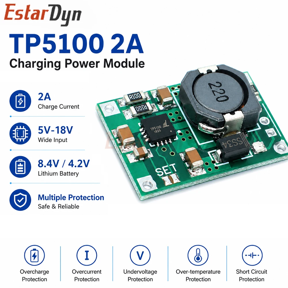 Estardyn TP5100 2A 1S/2S Lithium Battery Charger Module Single/Dual Cell Charge Board for Fast Charge DIY