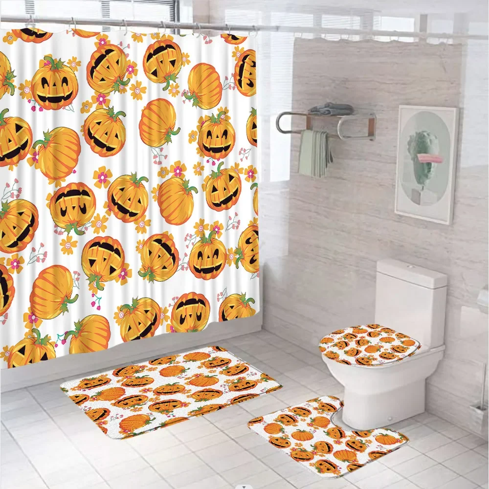4Pc Cute Halloween Shower Curtains Set Bathroom Decor Skull Hand Spider Bat Fabric Screen Non-Slip Bath Mat Rug Toilet Lid Cover
