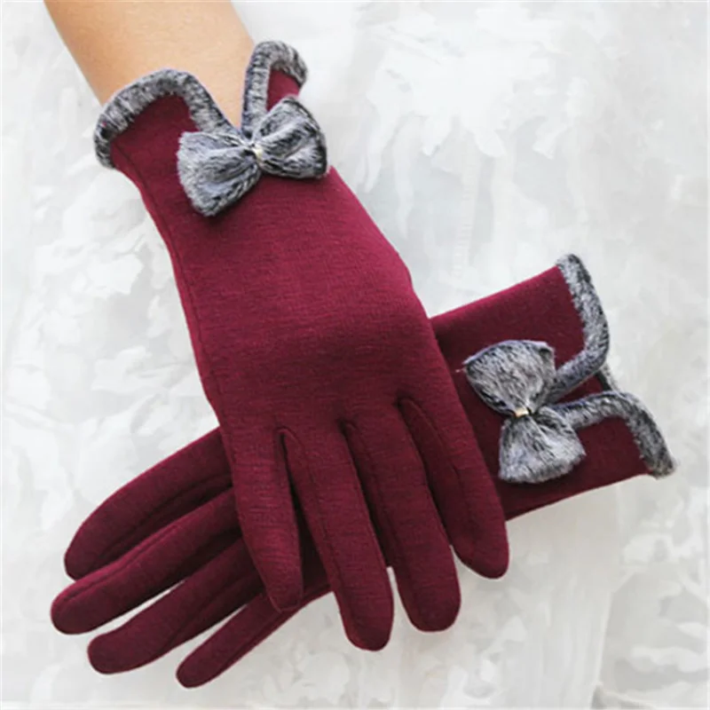 Winter Outdoors Cycling Gloves Non-Inverted Velvet Women's Gloves Cycling Fleece-lined Thickened Bow Touch Screen Gloves Wholesa