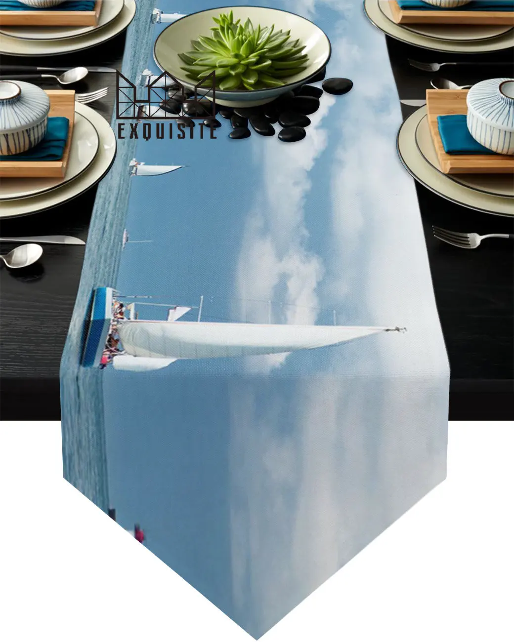 Sea Sailing Boat Blue Sky White Clouds Table Runner Country Wedding Decor Tablecloth Placemat Dinning Table Art Table Runners