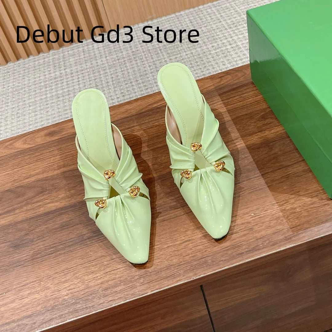 

Top quality 2024 new summer temperament pointed high heels half slippers slim heels high heels hollowed out pleated flat shoes