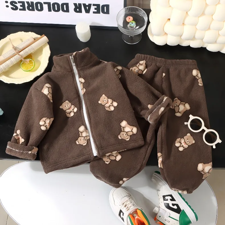 Kinder-Hausanzug-Set für Jungen und Mädchen, doppelseitiger Fleece und verdickter Samt-Pyjama mit Jacke, warmes zweiteiliges Set – Detail 8
