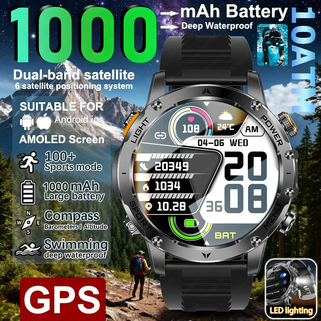 DAORKOW2025 신형 남성 스마트워치, 1000mAh 배터리, 1.7인치 블루투스 통화, 100+ 스포츠 모드, LED 라이트, IP68 방수