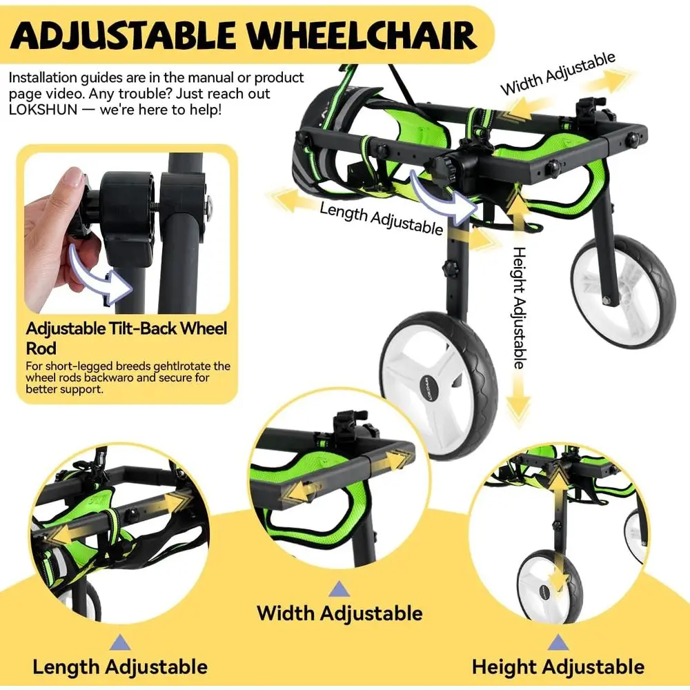 Sedia a rotelle impermeabile regolabile per cani di taglia grande e piccola con luci a LED, guinzaglio e ruote regolabili ad angolo per disabili B