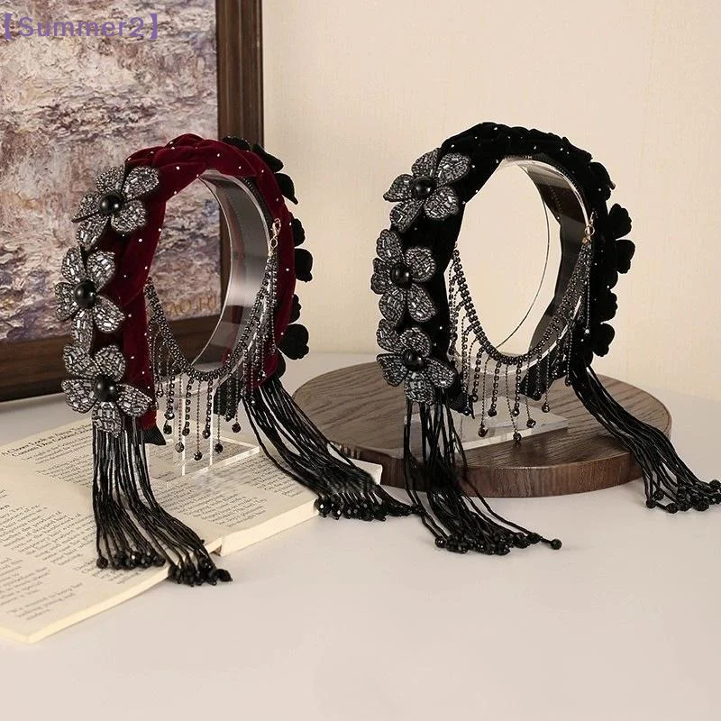 

【Xia2】Retro Braid Flower Hair Hoop With Tassel Shiny Rhinestone Wide Hair Band Party Celebration Tiara Holiday Decor{S}