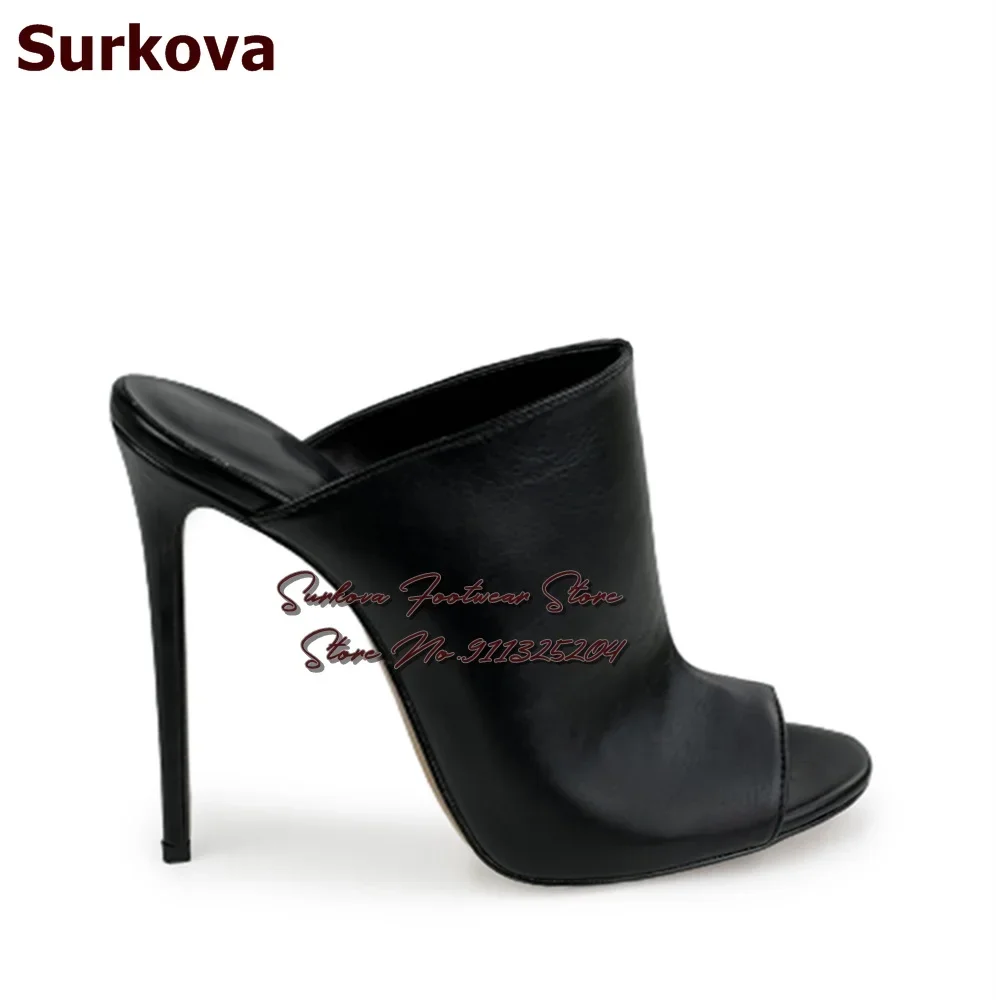 Surkova Black Matte Thin High Heel Modern Slippers Round Open Toe Stiletto Heel Dress Pumps Slip-On Open Heel Sandals