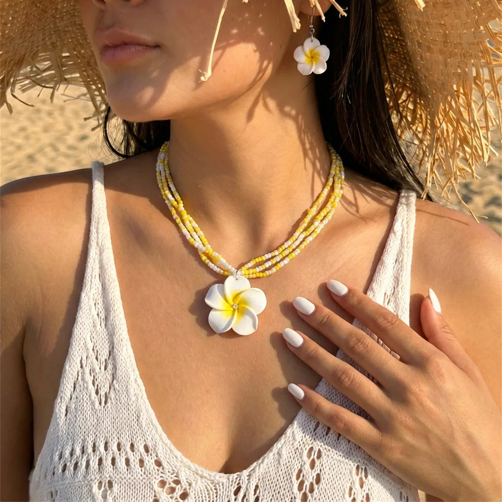 Hawaiian vacation style egg flower rice bead soft ceramic necklace earrings women's set
