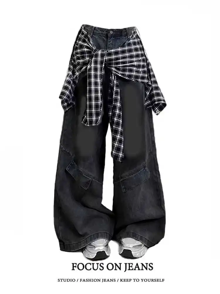 

2025 Black Jeans Women Y2K Hip Hop Vintage High Waisted Jeans Straight Streetwear Casual Loose Large Size Wide Leg Denim Pants