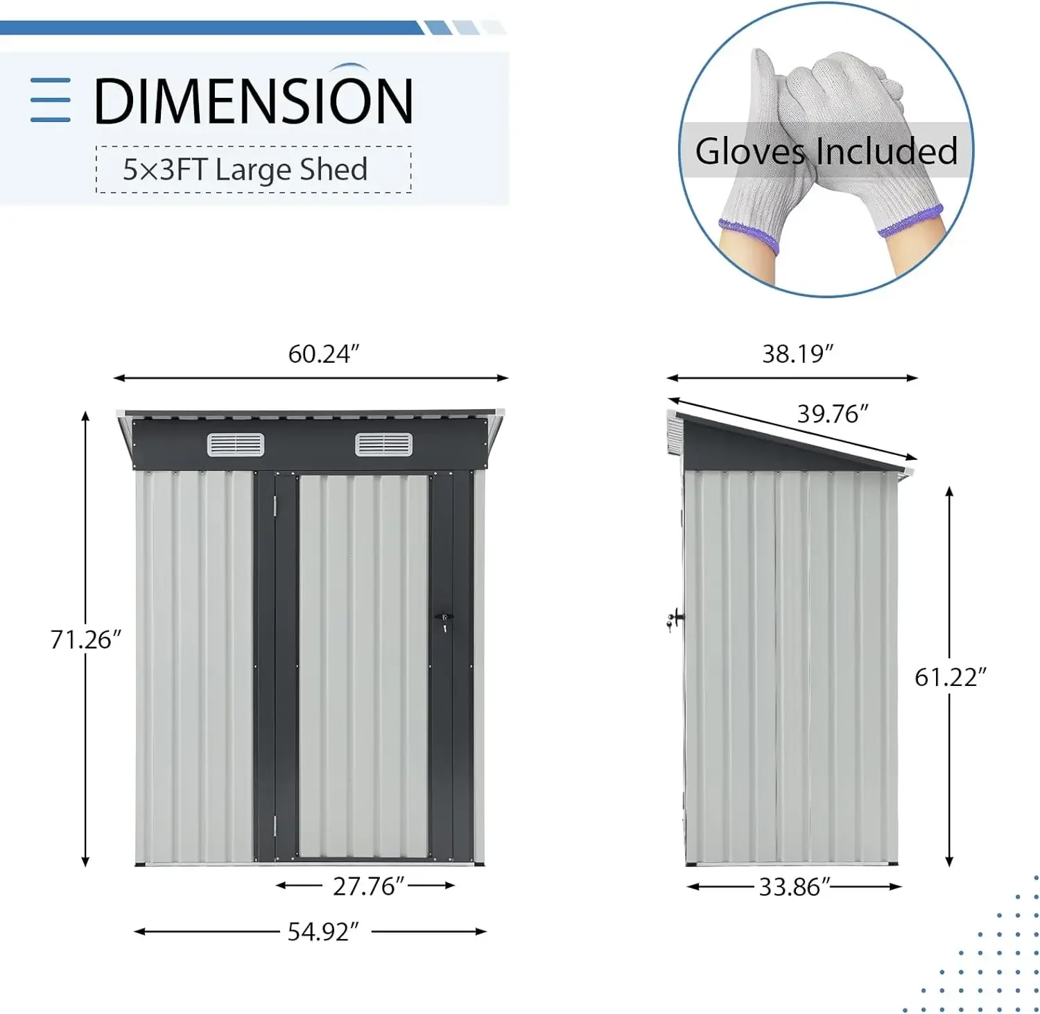 Cobertizo de almacenamiento para exteriores de 5x3 pies, cobertizo de jardín de Metal de acero galvanizado, puerta oscilante única con cerradura, casa de herramientas de almacenamiento para exteriores