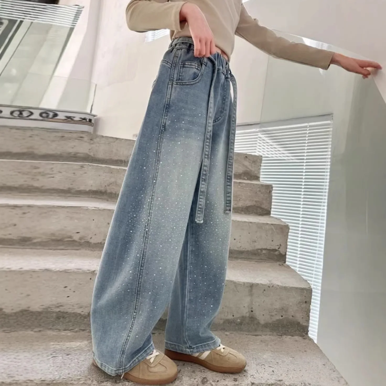 2026 RAISE Young Teenagers Girl Straight Pants 3-14Y Kids Girls Hot Stamping Starry Sky Wide Leg Pants Children Baby Girls Jeans
