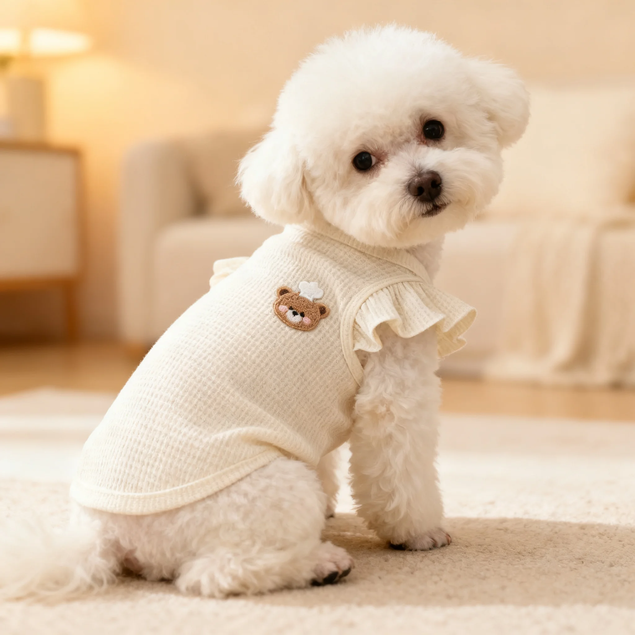 Waffel-Rüschen-Tanktop für kleine Hunde, ärmelloses Haustier-Shirt mit Kochbär-Stickerei, Frühlings- und Sommerkleidung für winzige Welpen – Detail 2