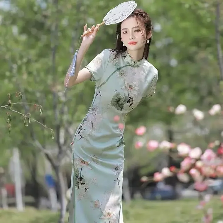 

Женское летнее зеленое платье Cheongsam в стиле ретро с принтом Qipao в современном китайском стиле, молодежные улучшенные элегантные длинные вечерние платья