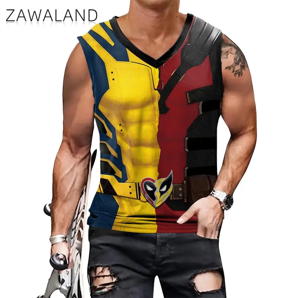 Zawaland Deadpool Wolverine Tank Tops for Men Cosplay Costume Fitness Shirts Superhero 3D Print Top Gym Halloween Clothes