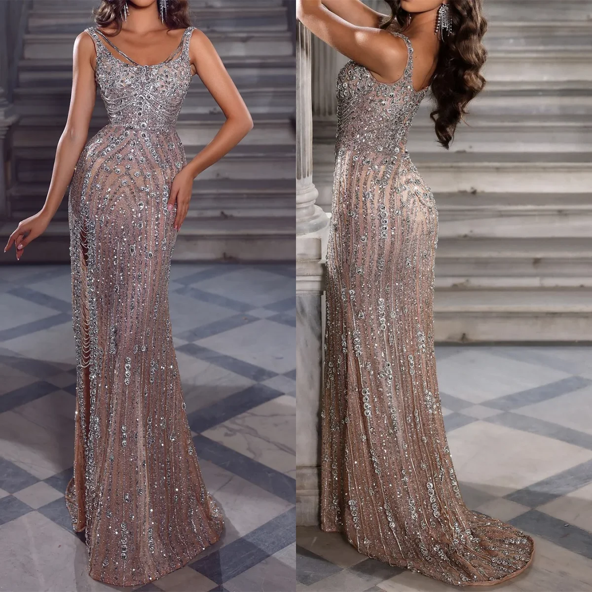 فساتين سهرة أنيقة حورية البحر كريستال الخرز فساتين لحضور الحفلات الموسيقية عارية الذراعين فستان حفلة المشاهير مخصص Fساتين Shair #1