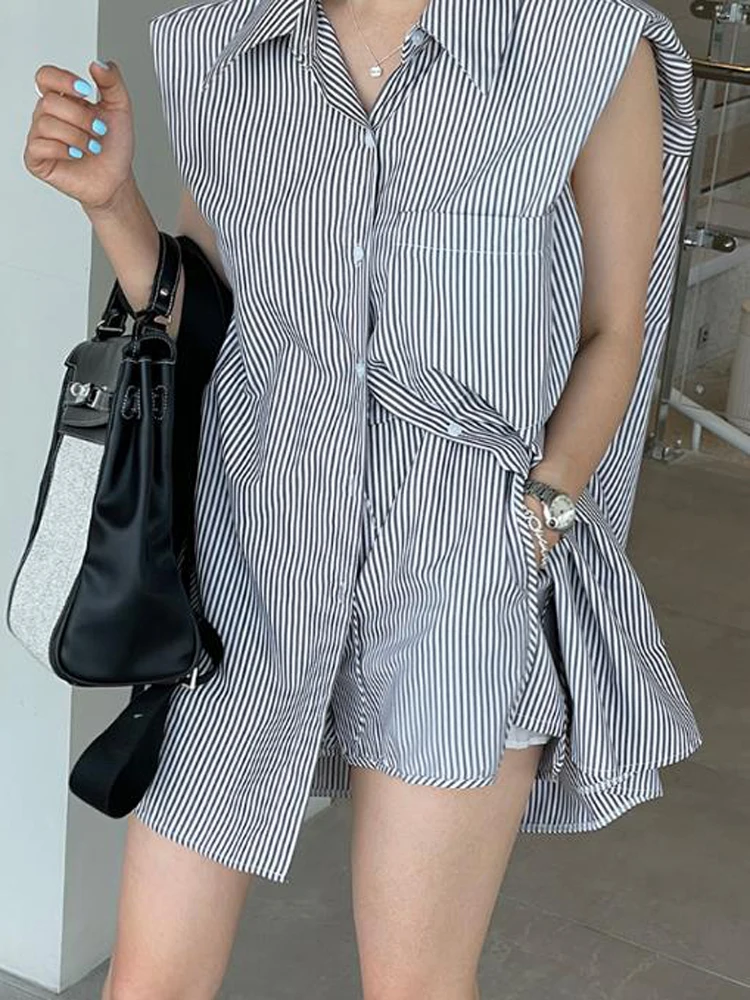 Summer Striped Women Two Piece Set Blouses Fashion Turn Down Collar sleeveless Loose Shirt Tops And Casual Shorts Female Outfits