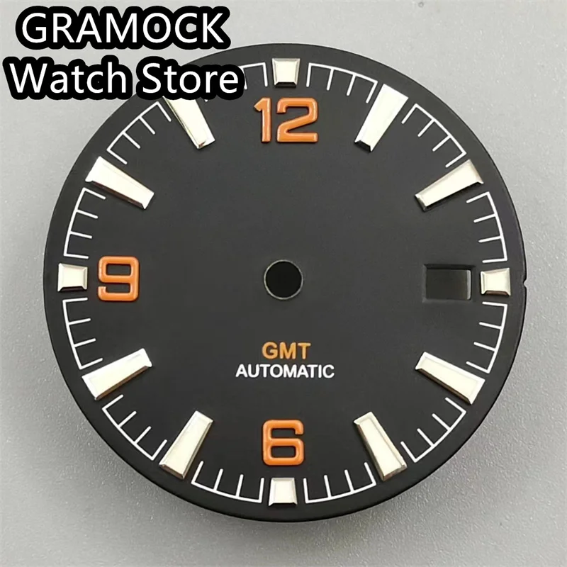 GRAMOCK 31mm black blue gray white watch dial GMT hands green luminous watch dial for NH34 Movement watch accessories