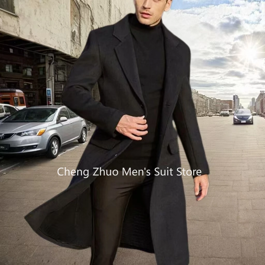

High Quality Men's Trench Coat with Notched Lapel Single-Breasted Gentleman Long Coat for Banquet Winter Jacket