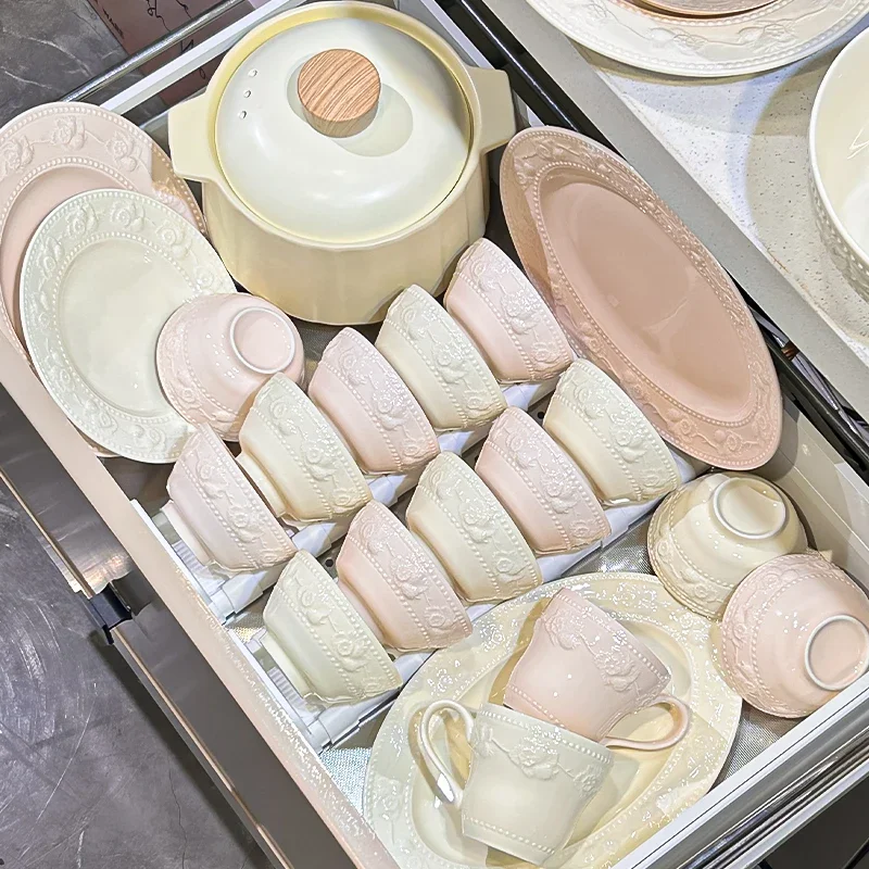 cream style tableware suit bowls embossed tableware