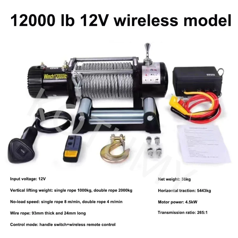 Cabrestante eléctrico de cuerda sintética, 12V/24V, con Control remoto, para camiones, vehículos todoterreno, 12000LBS