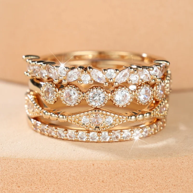 4-piece Set of Diamond Arranged Combination Rings, Stacked with Multiple Styles of Sparkling Jewelry Set with Zircon Stones